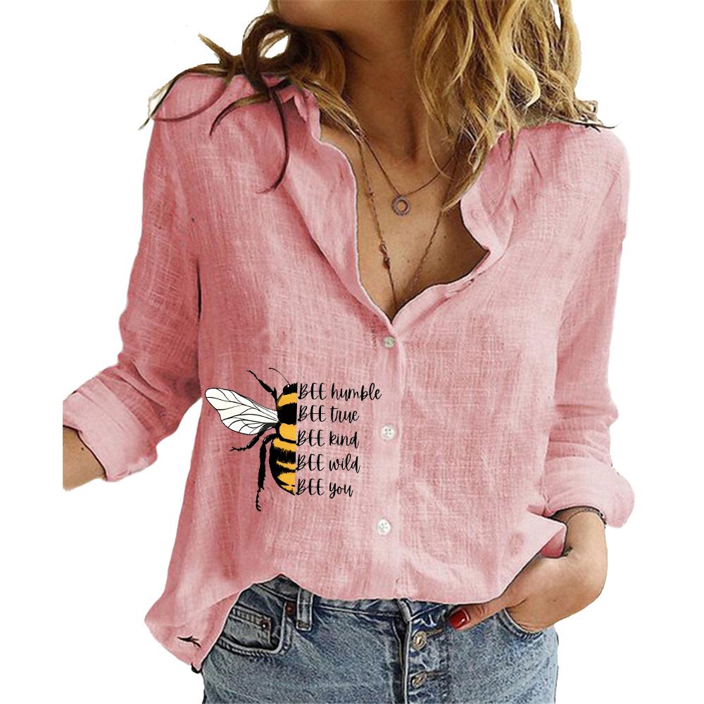 Women Fashion Long Sleeved Cotton Linen Shirt Summer&autumn Loose Print Top Ladies Casual Button-up Blouse