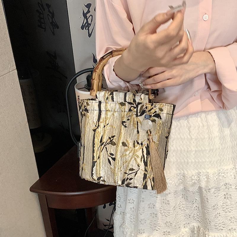 Embroidered Bucket Bag for Women Traditional Style Bamboo Handle Tote Bag New Fashion