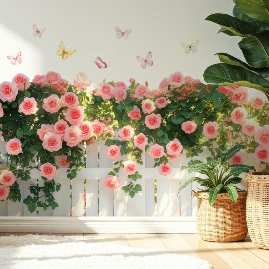 Spring Pink Flowers Fence Wall Decal Removable Floral Wall Art Murals Peel And Stick
