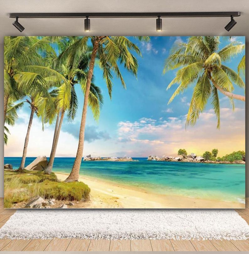 Tropischer Strand Hintergrund für Fotografie Sommer Hawaii Blaues Ozeanwasser Meeresufer Palme Kinder Feiertagsparty Foto Hintergrund Dekoration