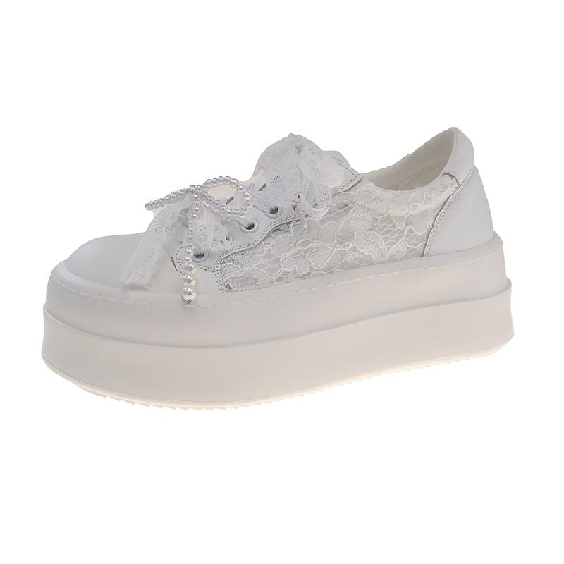 Ballet style pearl lace lace-up little white shoes women's single-layer breathable thick-soled heightening casual bread shoes trend