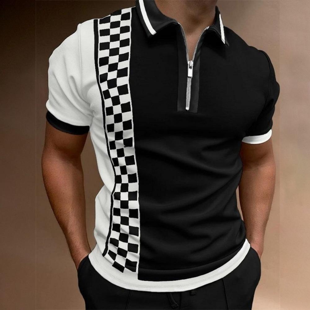 Men's Polo Shirt Business Casual Collar Retro Short Sleeve Zipper Golf Top