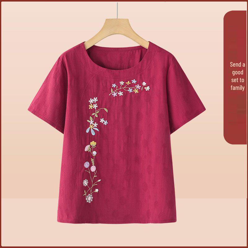 Summer Embroidered Two-Piece Home Set for Mature Women - Thin Cotton & Linen