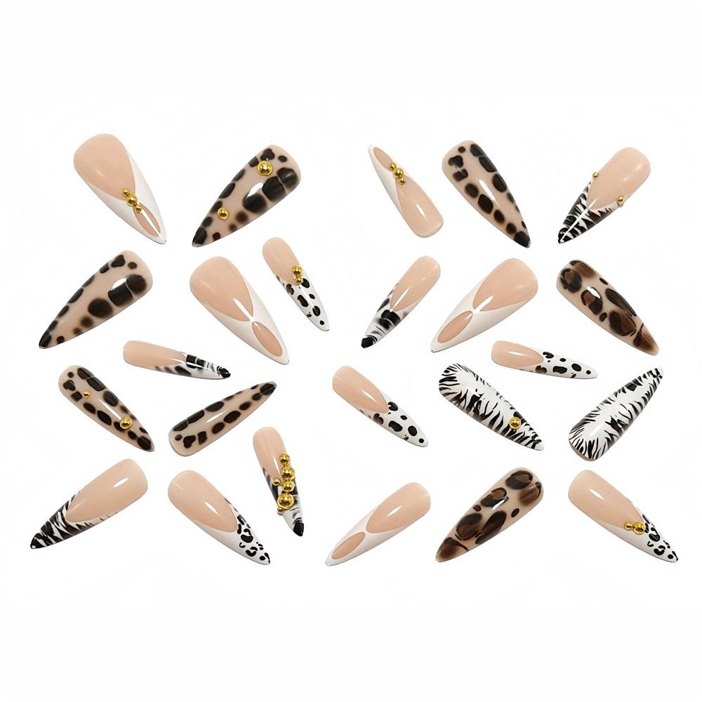 Hot Girl Mix-and-match Style Long Spiked Nails French Leopard Print Gold Steel Beads Decorated Manicure Nails