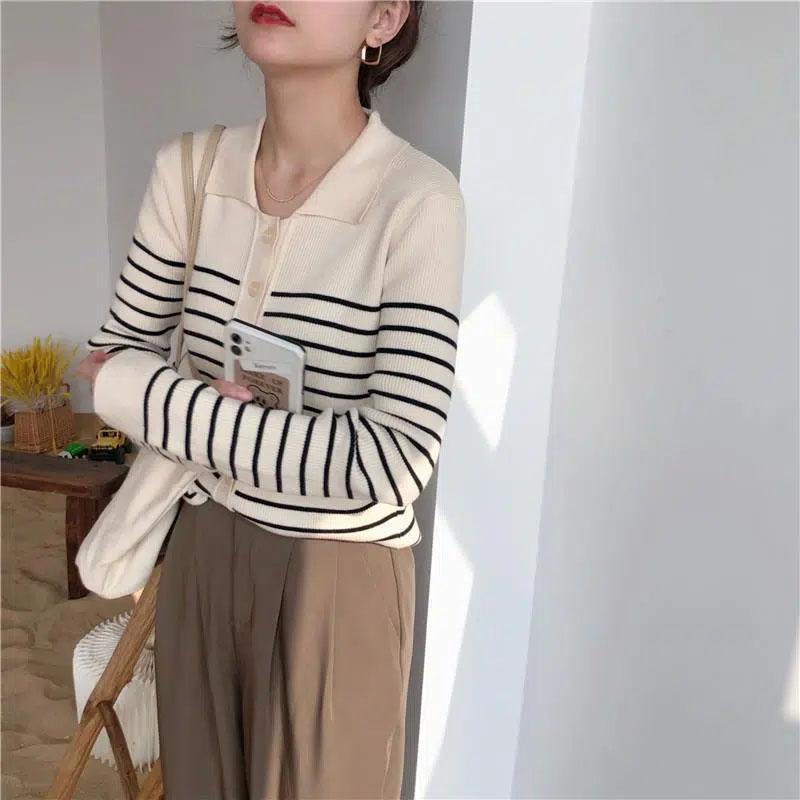 Polo Neck Striped Knitted Cardigan Women's Autumn and Winter Long Sleeve Knitted Warm Coat Sweater