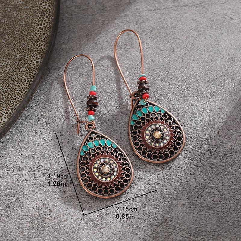Vintage Hollow Water Drop Metal Earrings For Women Alloy Crystal Ethnic Beads Boho Colorful Flower Dangle Earrings Jewelry Gifts
