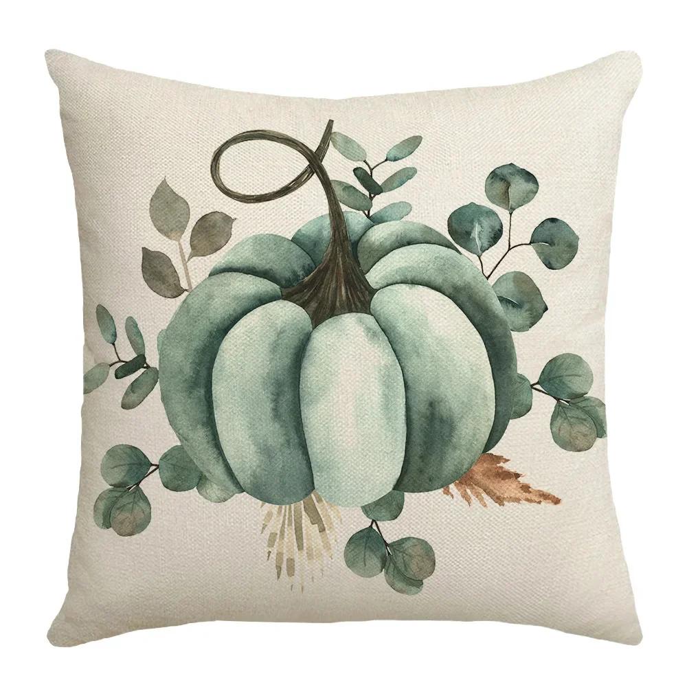 

Give Thanks Harvest Pumpkin Plaid Pillow Cover Linen Blue Pillowcase Cushion Covers For Sofa Office Bedroom Decor Festive Goods 16x16Inch