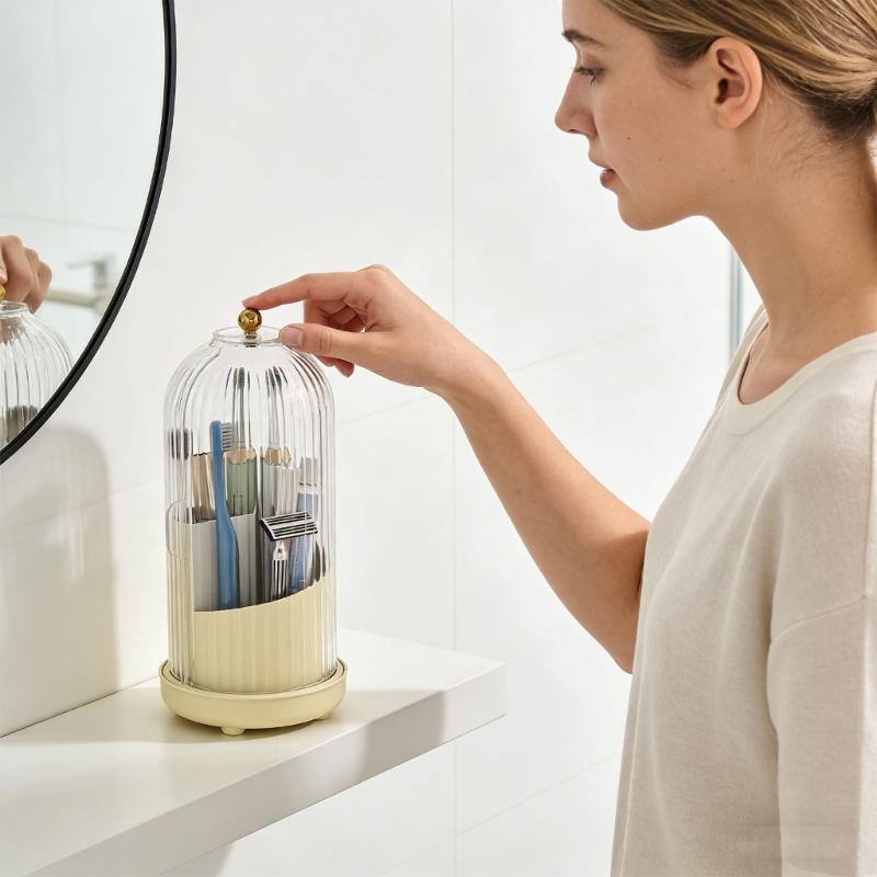 Rotating Toothbrush Holder With Lid And Drainage System For Hygienic Bathroom Organization And Space Saving Convenience