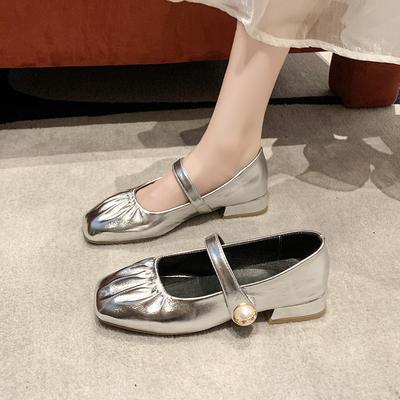Fashion Low Heel Single Shoes Fashion Square Toe Shallow Mouth Pleated Metal Buckle One Strap Soft Sole Non-Slip Block