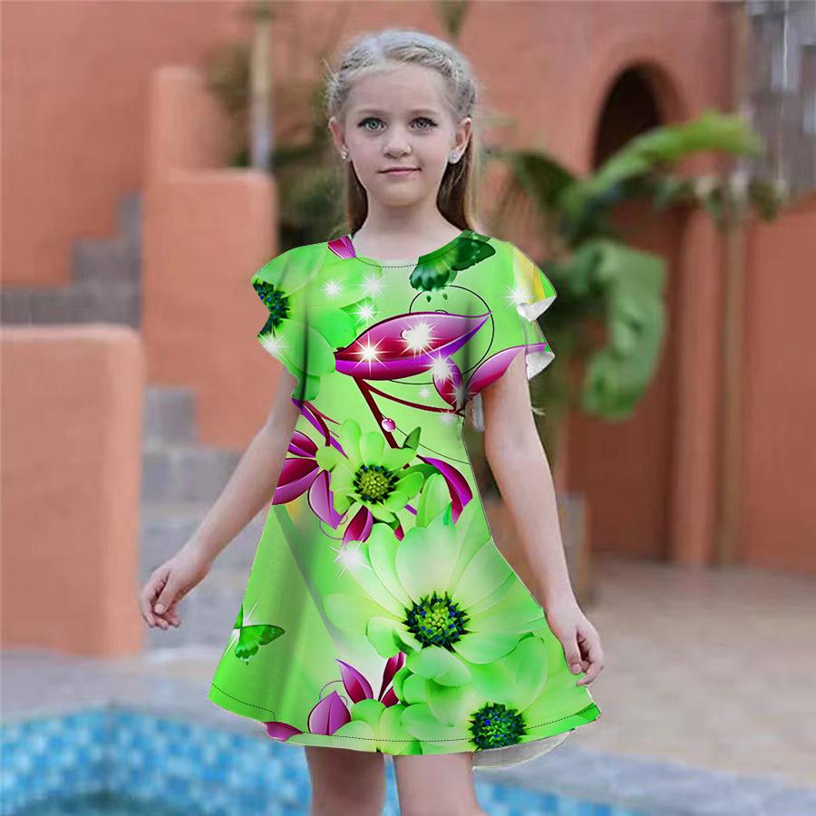 Girls Sparkling Flowers Print Dresses Kids Girl Party Dress Loose Fitting Loose Fitting Short Sleeved Skirt For Girls Over Four Years Old