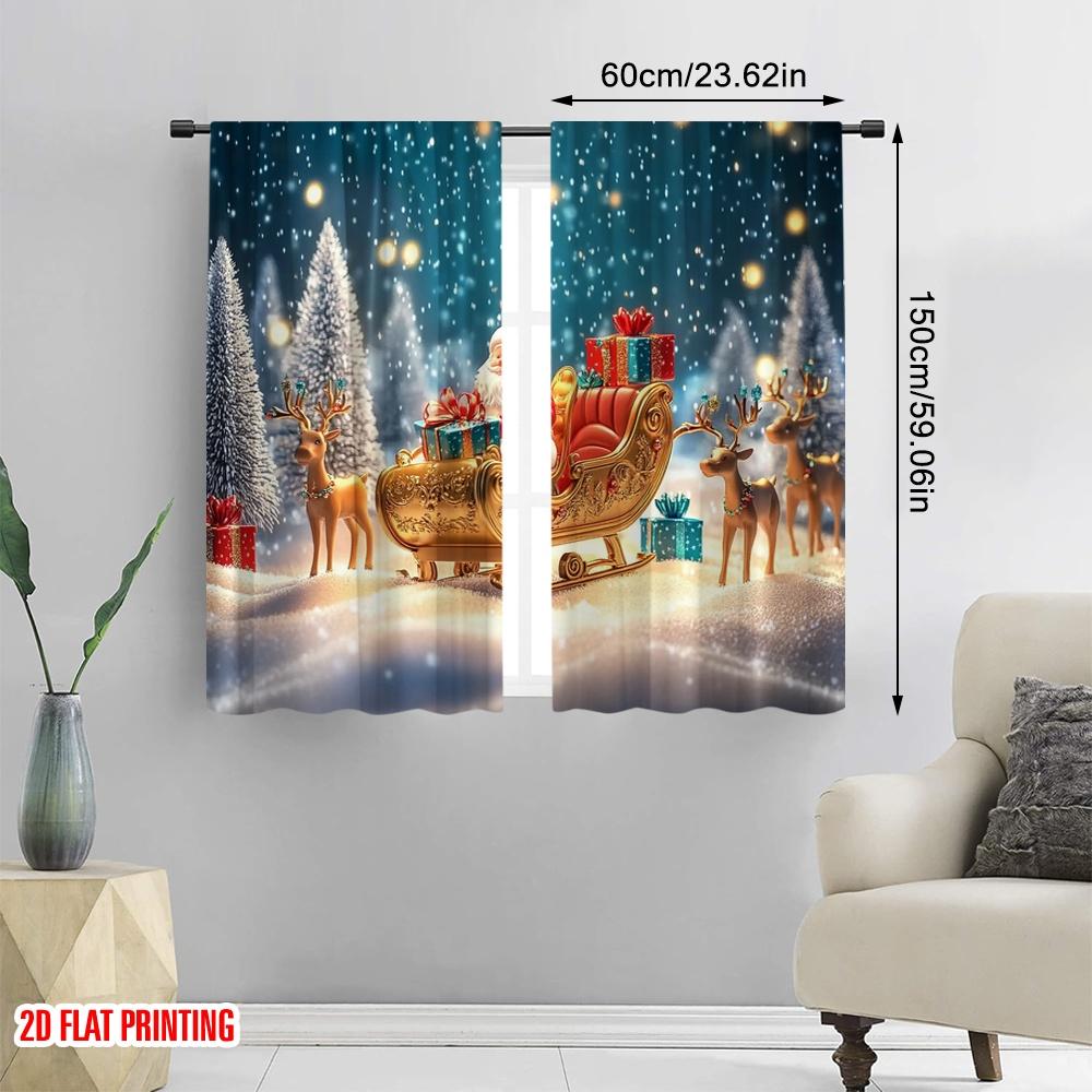 2pcs 2D flat printing Christmas Party Curtain Santa Claus reindeer sleigh with Versatile Polyester Fabric Without Electricity