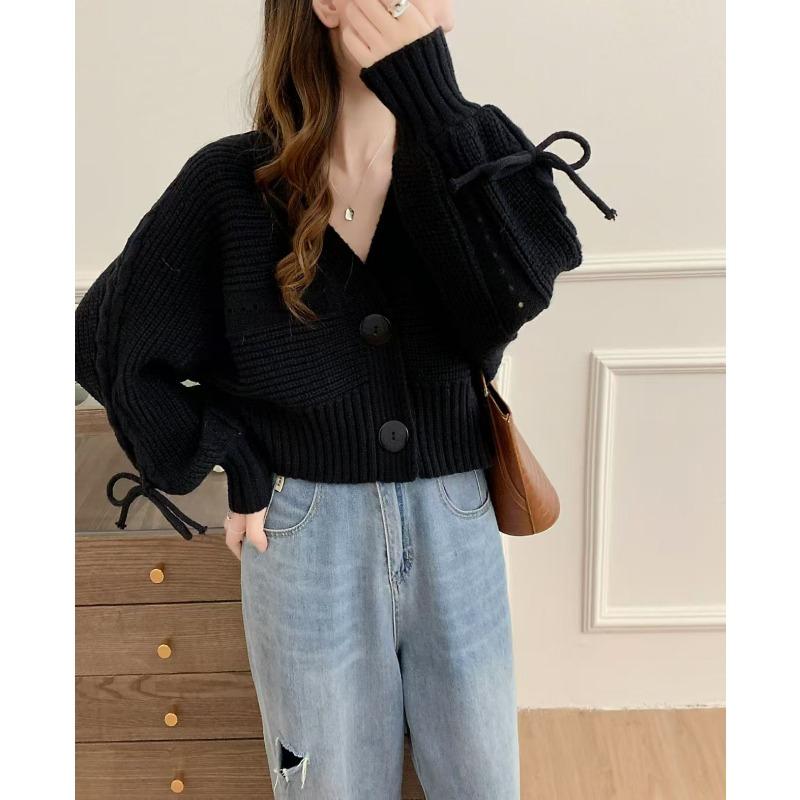 Autumn and winter new casual loose V-neck knitted cardigan sweater women's long-sleeved bow tether short top