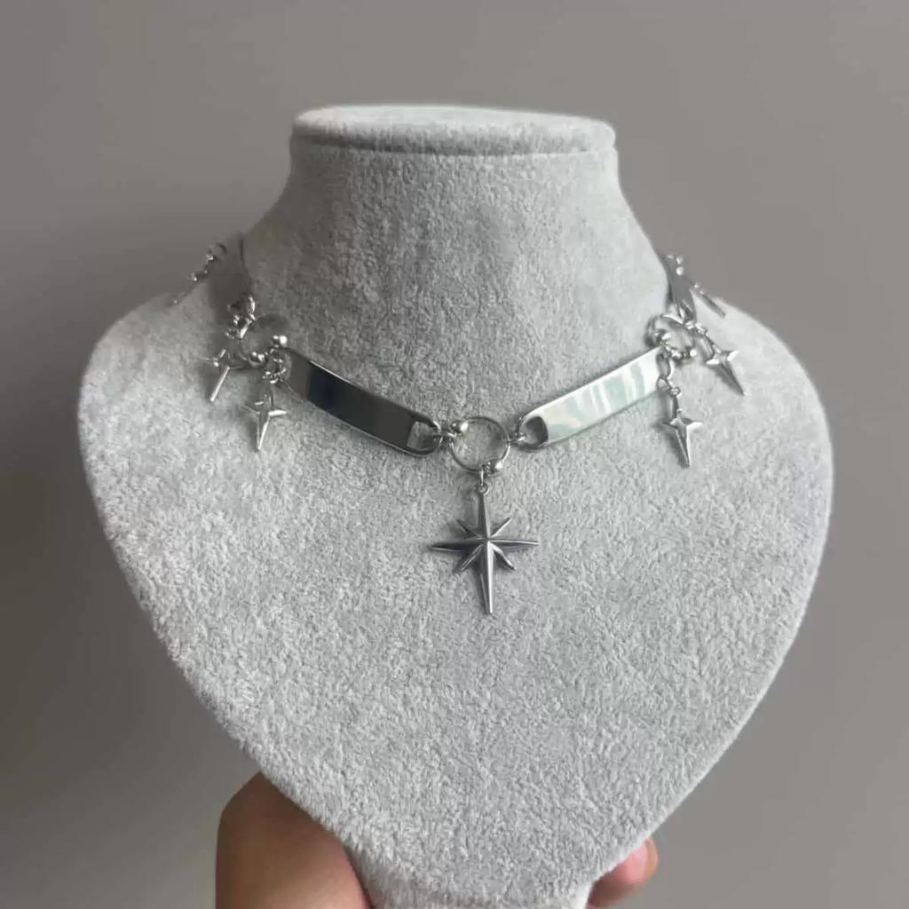 Punk Rock Silver Color Cross Star Pendent Metal Chain Choker Necklaces Accessories For Women Man Y2K Personalized Grunge Jewelry