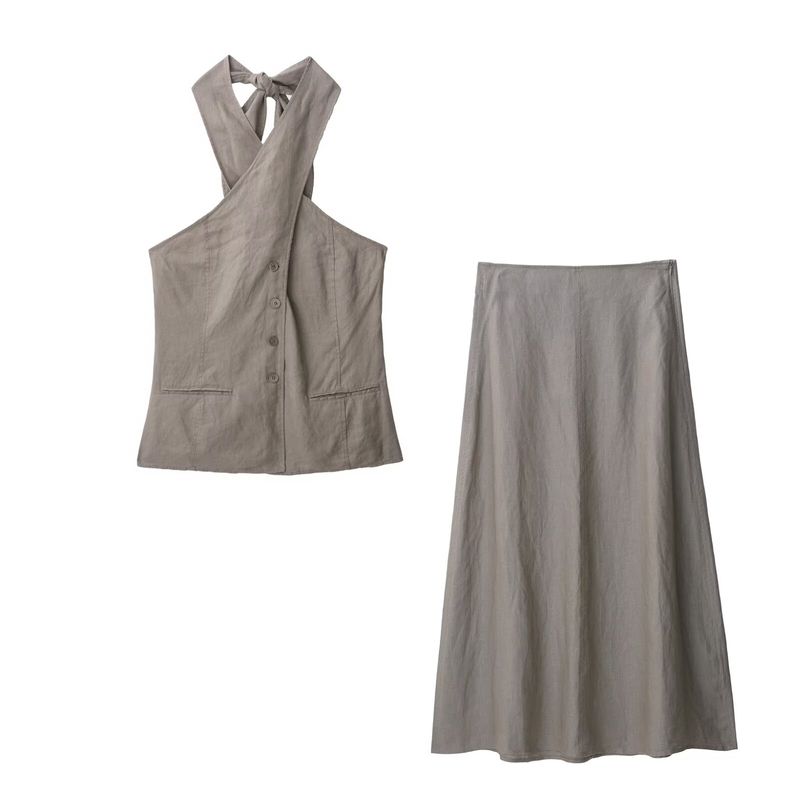 Kaslead New Women Clothes Western Style Halter Collar Vest Top Skirt 2731097 2731076