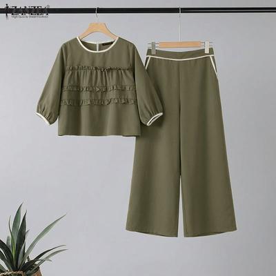 Blusa feminina manga 3/4 e Calças Conjuntos casuais de terno de duas peças