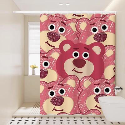 Cartoon Strawberry Bear Punch-Free Shower Curtain Set