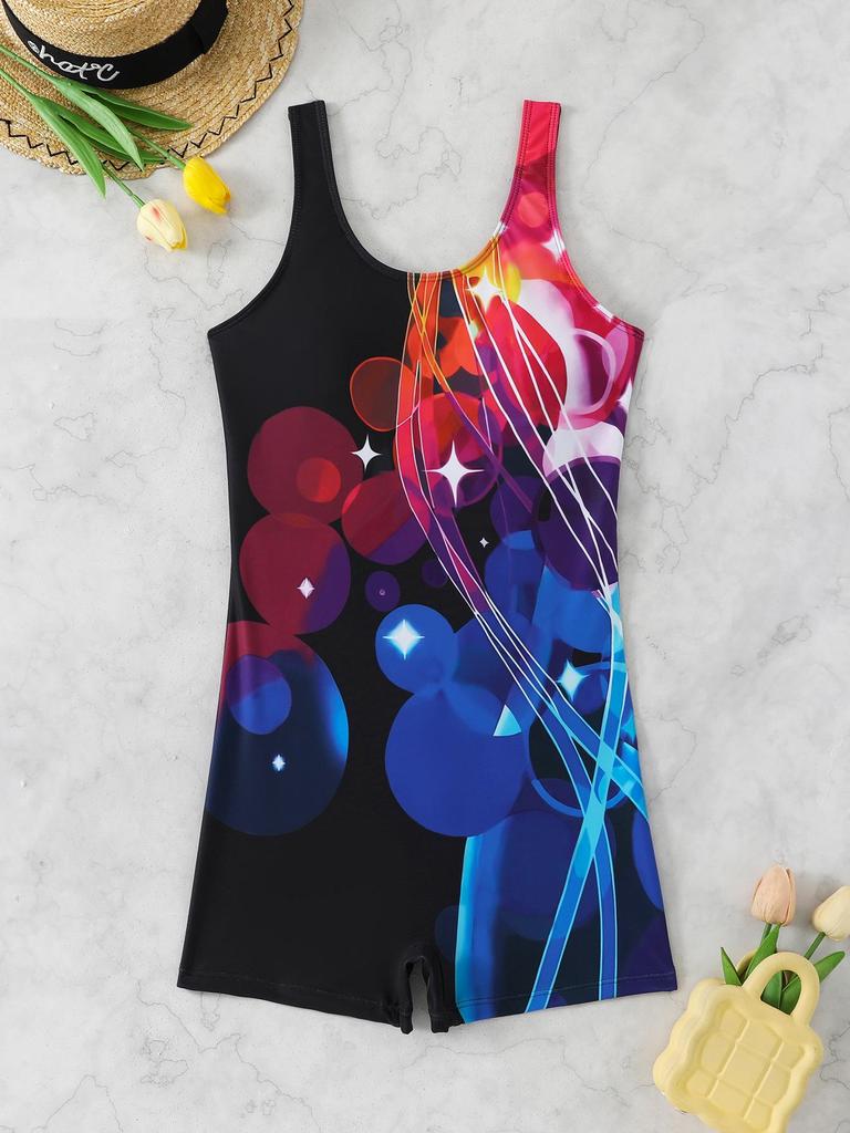 2026 Women's Sporty One-Piece Boyshort Swimsuit - European & American Printed Edition, Conservative Beach Swimwear
