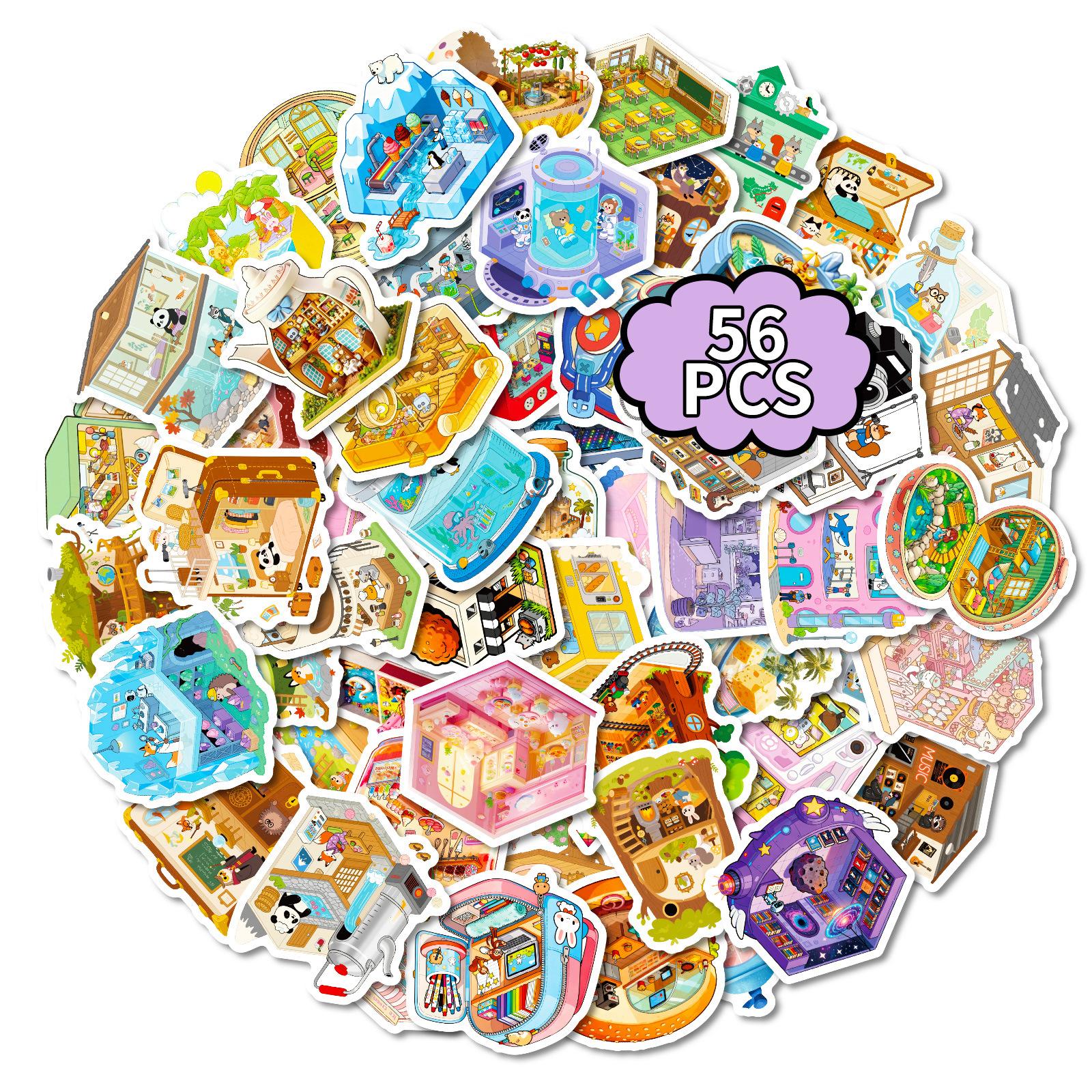

New 56 Cute Three-Dimensional Scene Stickers Multi-Theme Hut Handbook Decorative Materials Small Sticker Set