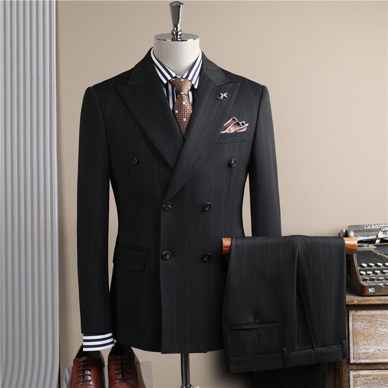 Men's High-End Pinstripe Wool Double-Breasted Three-Piece Suit: Anti-Wrinkle, Formal Groomwear
