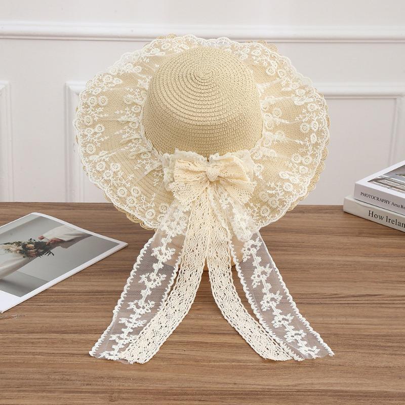 Summer Bow Sun Hat Female, Seaside Beach Vacation Sun Hat Outdoor Big Brim Sun Hat Sweet Straw Hat