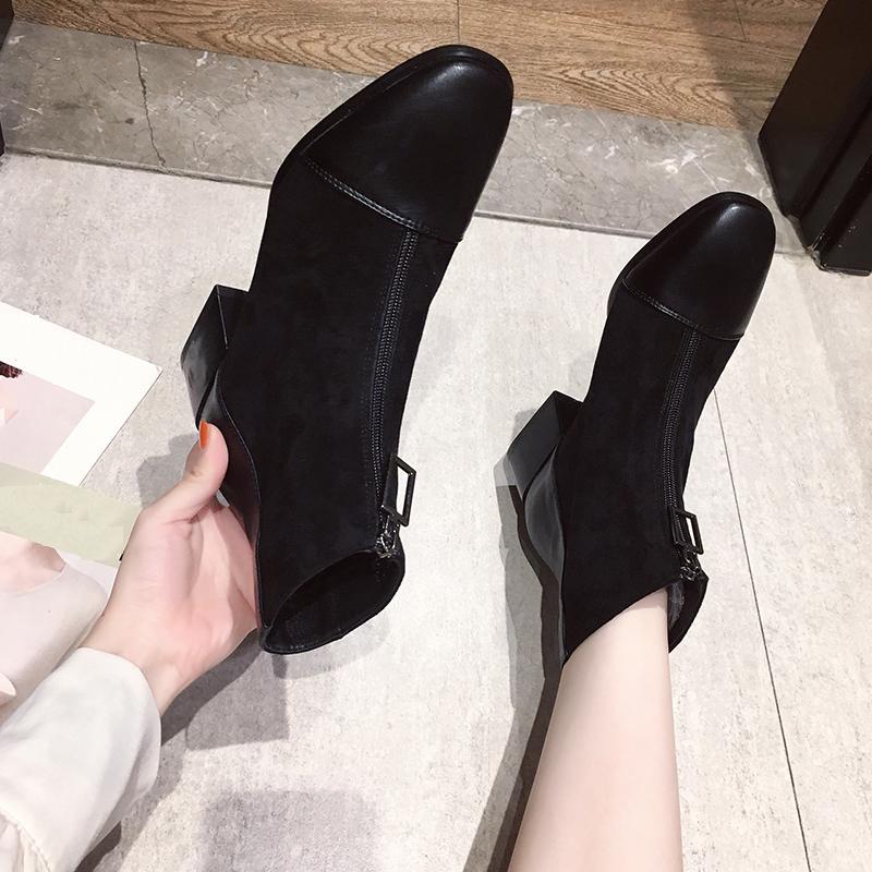 Women's Fashion Mid Boots Fashionable Boots with Front Zipper Thick Heel Suede Midsole Boots Leather Shoes Women's Shoes 35-40