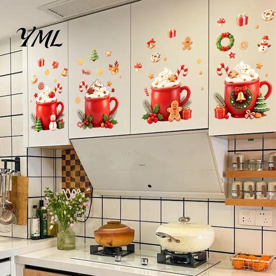 Christmas Theme Kitchen Wall Murals 2Pcs Hot Drinks Stickers for Cabinets, Self-Adhesive Art Holiday Cabinet Home Decor, Removable PVC Mug Decals with