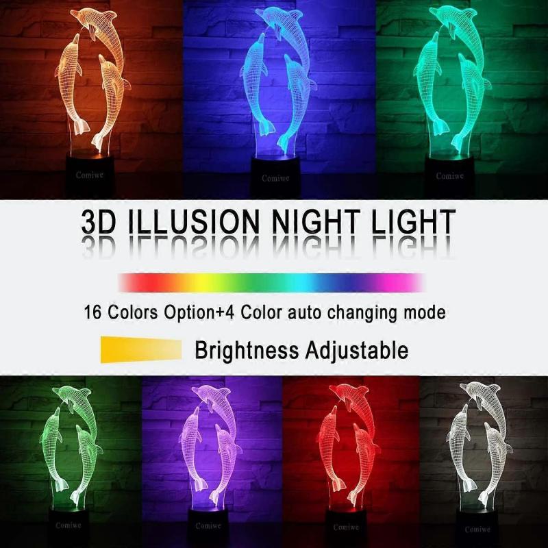 Dolphin 3D Illusion Night Light Toys,16 Colors Change Smart Touch & Remote Control,Home Decor LED Bedside Table Desk Lamp,Christmas Birthday Gif
