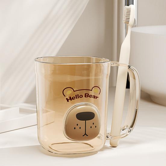 Mouthwash Cup Non-Slip Handle Smooth Round Mouth Transparent Body Rabbit Bear Design Bathroom Cup with Toothbrush Slot