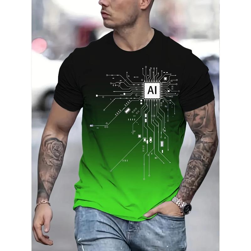 2026 New Men's AI Circuit Board Print T-shirt Gradient Crew Neck Short Sleeve Casual Tee for Streetwear Summer Breathable Tops
