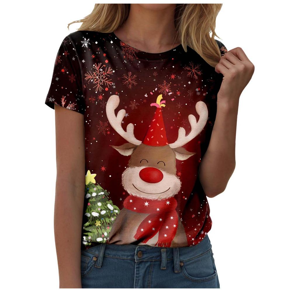 Women's Christmas Printed Casual Round Neck Short Sleeved T-shirt