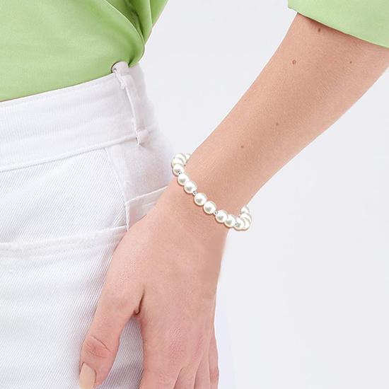 LeCalla S925 Sterling Silver Jewelry Pearl Stretch Bracelet for Women and Teen (8 Mm)