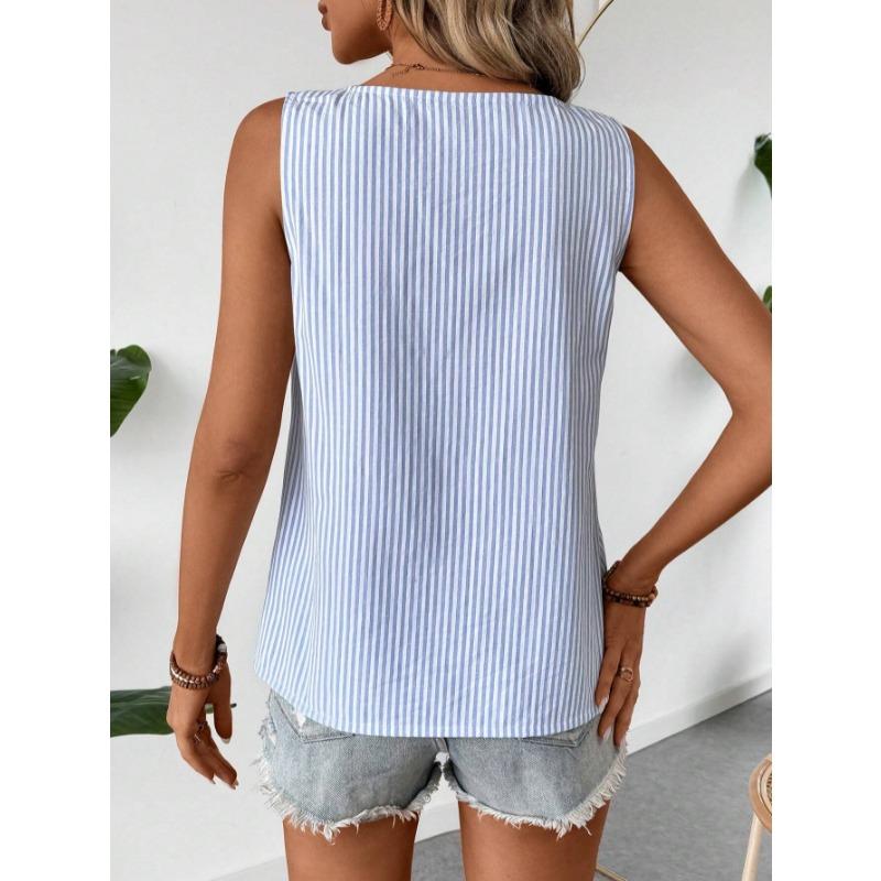 Ärmellose Gestreifte Schräger Halsausschnitt Damenbluse Neues Damen Casual Lockeres Oberteil Einfach Elegant Mode Süßes Büro-T-Shirt Streetwear Knöpfe Kleidung