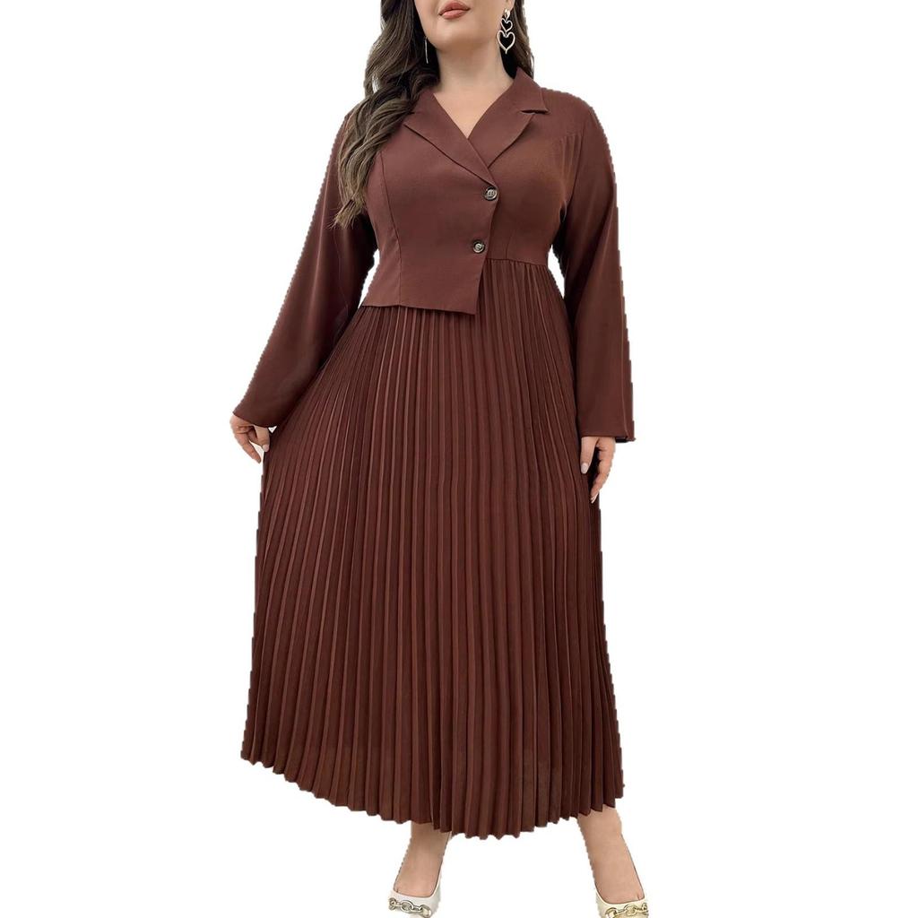 Plus Size French Lapel Long Sleeve Pleated Dress - Elegant Waist-Cinching Design