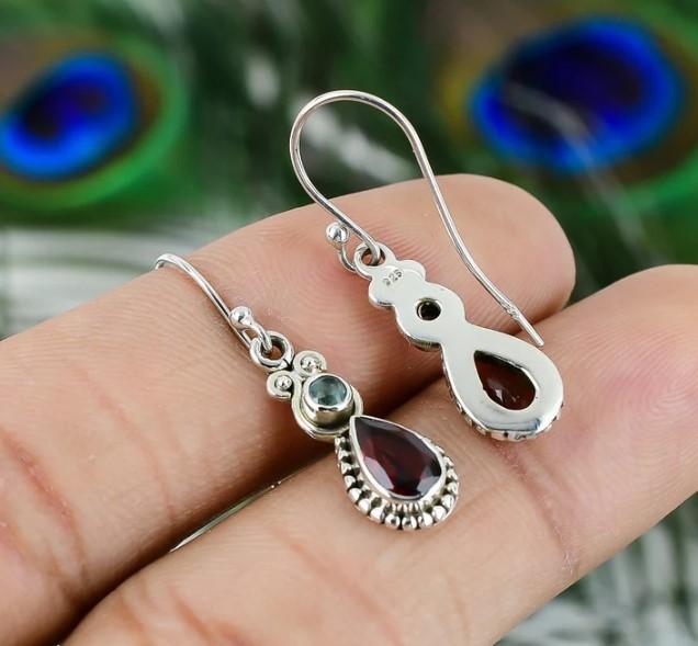 Natural Garnet & Topaz Earrings ,925 Sterling Silver Earrings , Handmade Silver Earrings ,Two Gemstone ,Teardrop, Dangle Drop Silver Earring