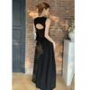 Black Round Neck Sleeveless French Retro Super Fairy Knee Dress Women's Spring Design Sense Hollow Backless Long Skirt