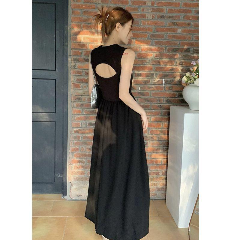 Black Round Neck Sleeveless French Retro Super Fairy Knee Dress Women's Spring Design Sense Hollow Backless Long Skirt