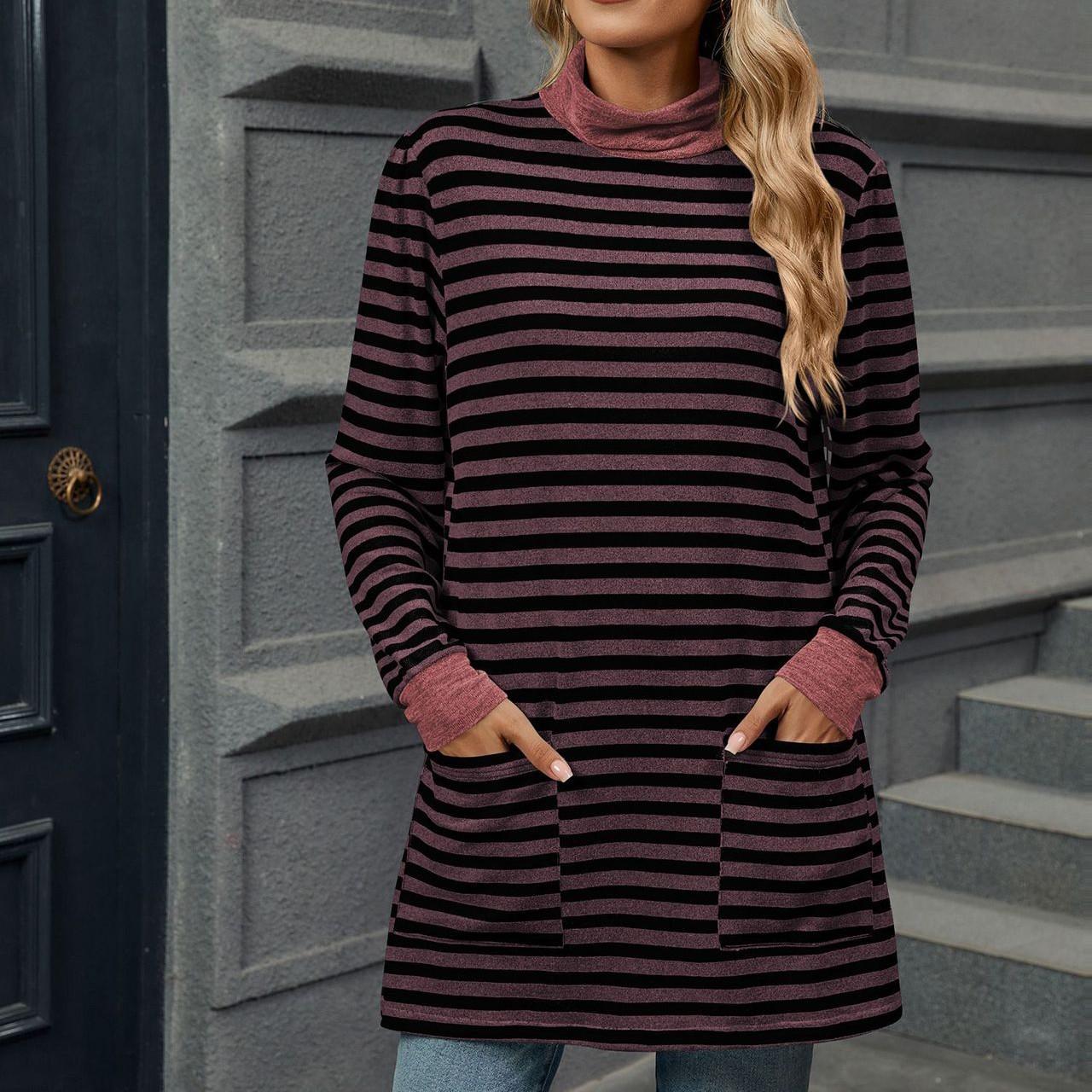 Женская модная повседневная полосатая трикотажная футболка с круглым вырезом и длинным — фото 13