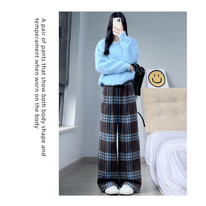 Women's Woolen Plaid Wide-Leg High Waist Pants - Plus Velvet Thick Warm Casual Sweatpants for Autumn/Winter.