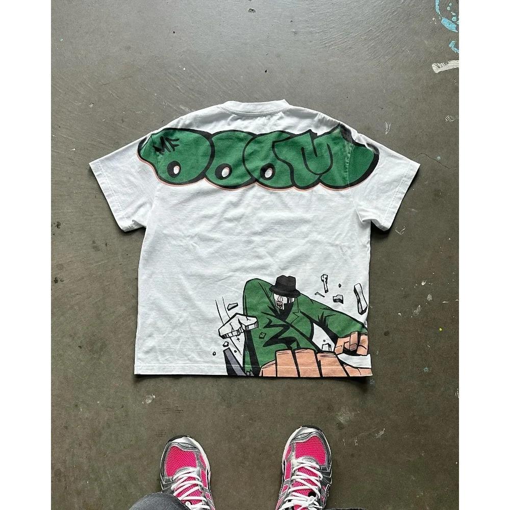 ZYLLO New European and American Character Cartoon Letter Printed T-shirt for Men Y2k Harajuku Casual Pure Cotton Loose Short Sleeve