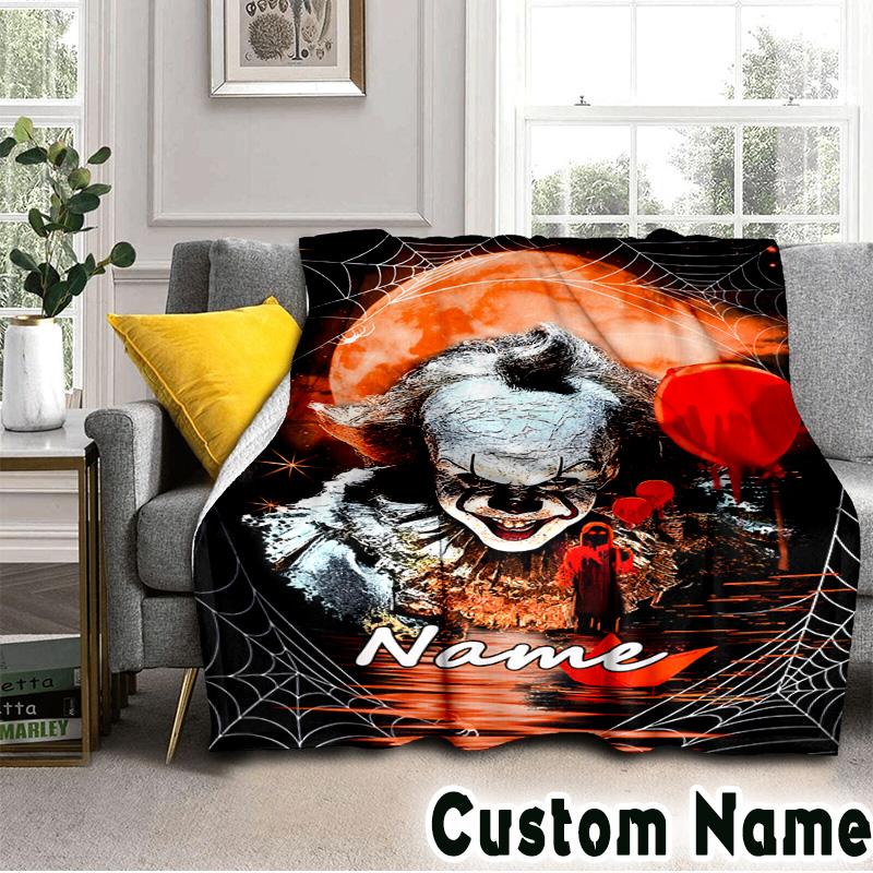 Custom NameClown Horror Blanket Flannel Throw for Sofa, Indoor, Camping, Living Room, Office, Chair, And Bed Soft Birthday Christmas Gift