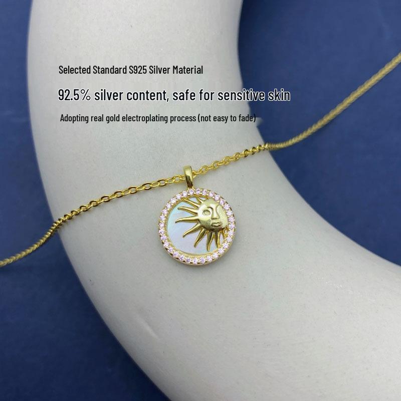 Exquisite S925 Sterling Silver Sun Necklace with Gold-Plated Freshwater Mother-of-Pearl