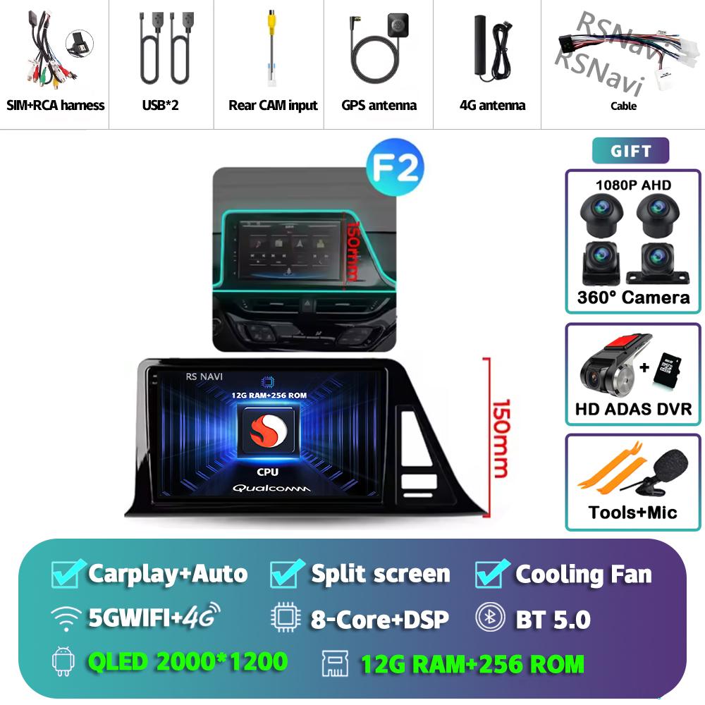 Android 14 Carplay Auto For Toyota C-HR 2016 - 2020 Car Radio Player Multimedia DVD stereo 360 Camera Navigation Video AI Voice