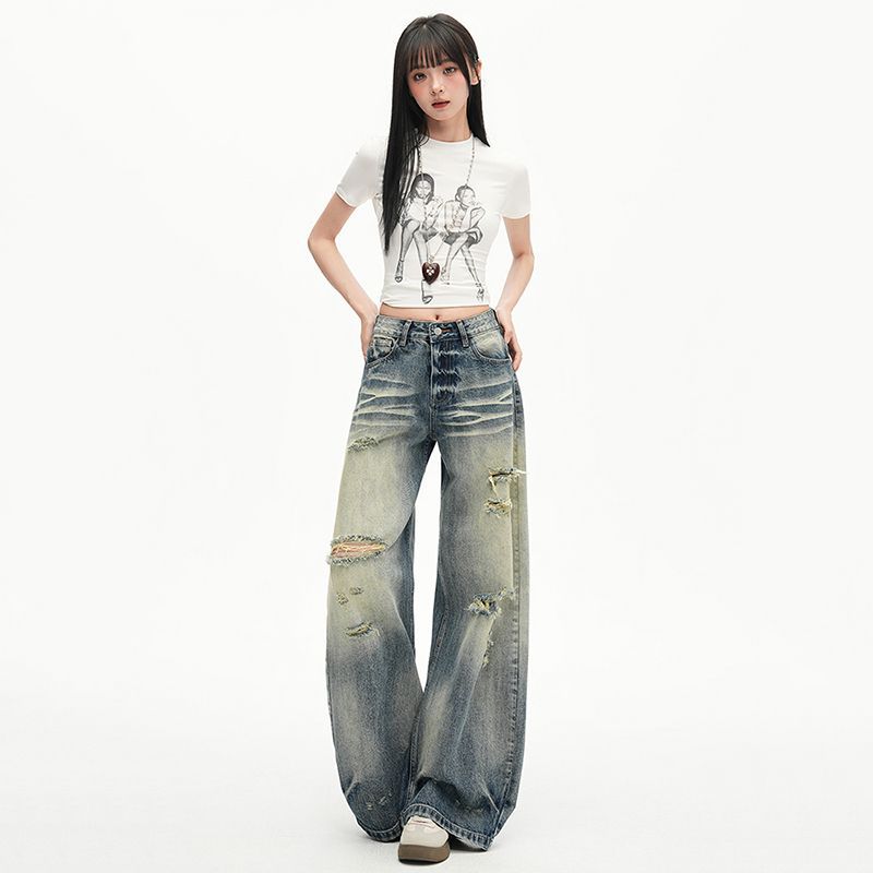Spring Summer Dandy High Waist Drape Ripped Lazy Relaxed Wide Leg Denim Pants For Women Casual Pants Oversize Denim Trousers