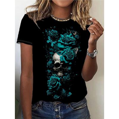 Skull HeadPrint T-shirt, Casual Crew Neck Short Sleeve Top For Spring & Summer, Women's Clothing
