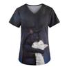 Women Printing Short Sleeve V-neck Tops Working Uniform Pocket Blouse