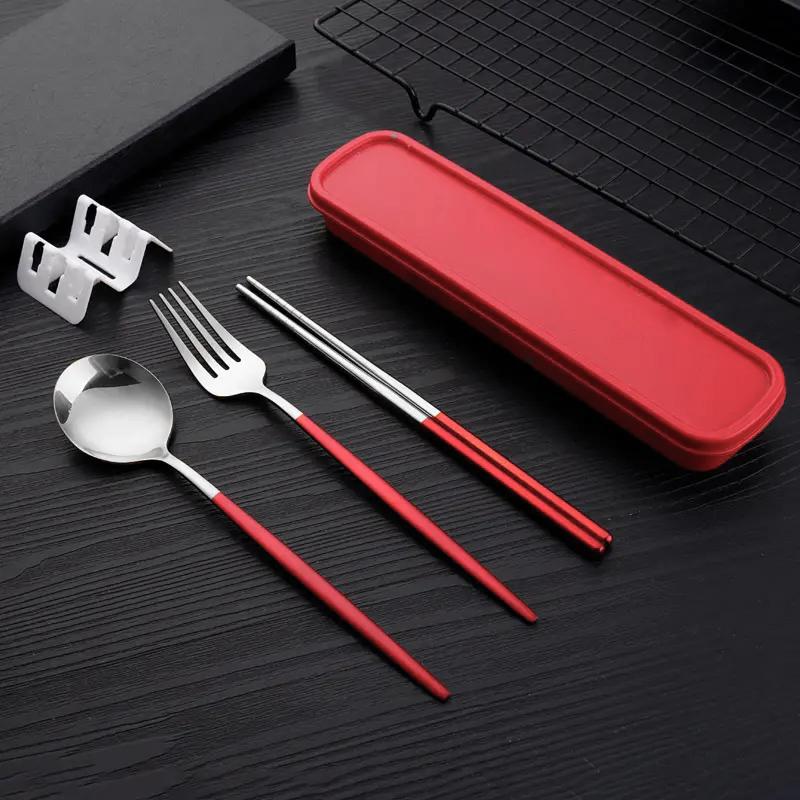 3pcs Thin Portuguese Portable Stainless Steel Cutlery Chopsticks, Forks, Spoons, Student Home Outdoor Picnic Tableware