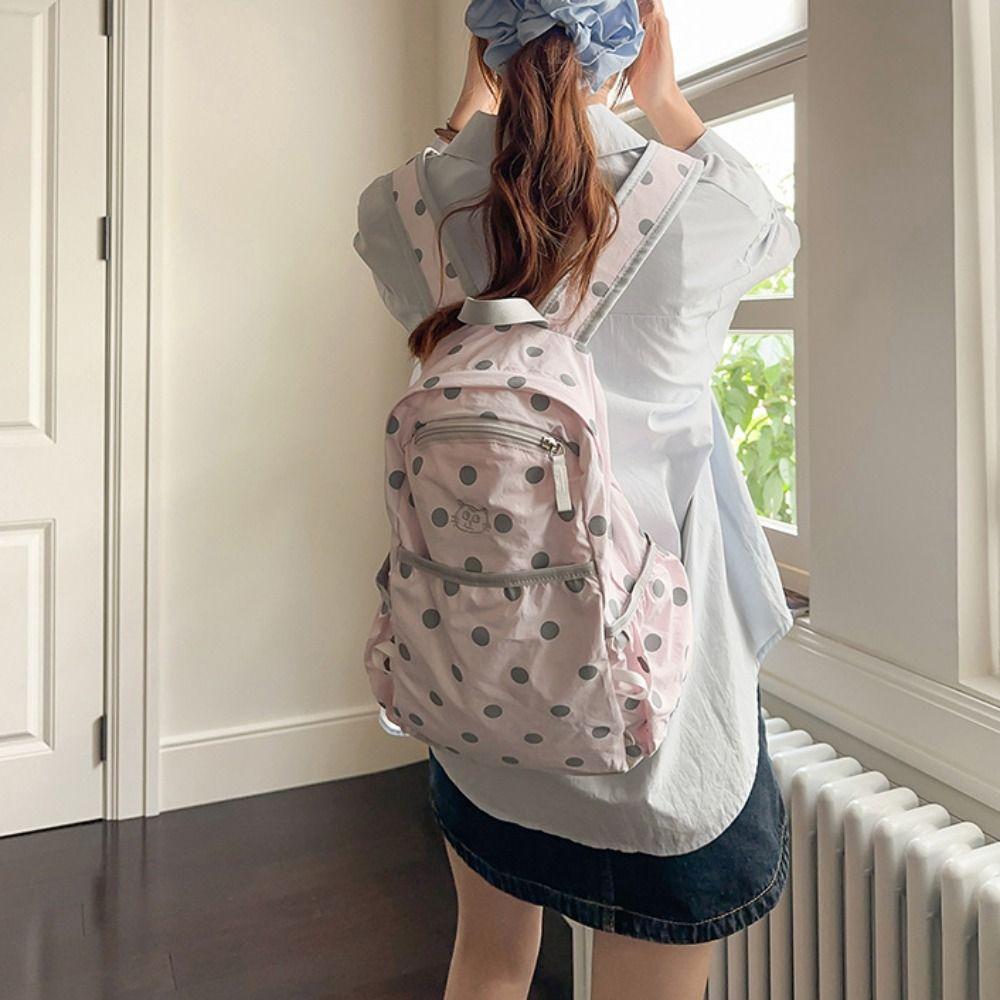 Minimalist Nylon Rucksack Embroidered Cat Student School Bag Cute Polka Dot Backpack  Gift