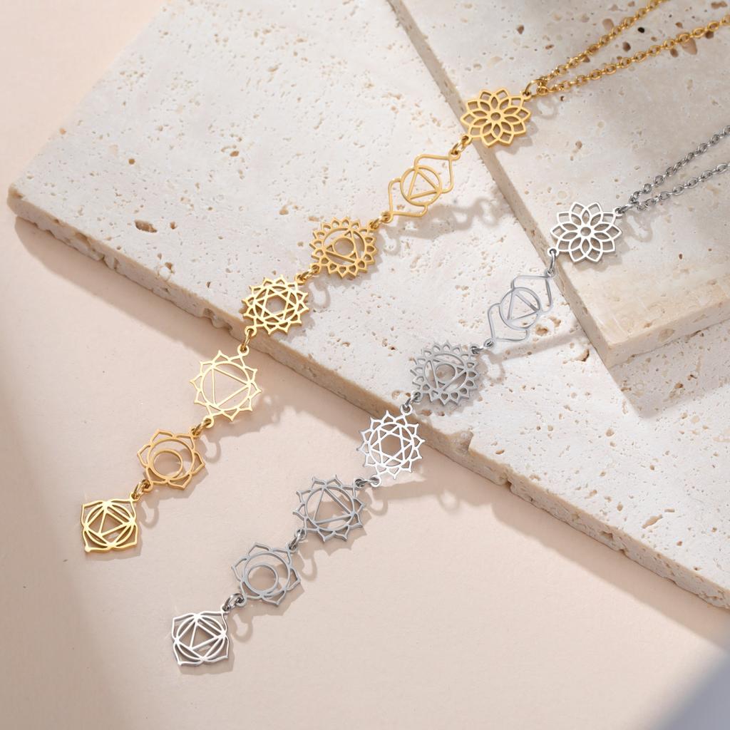Yoga 7 Chakra Flower Charm Necklace for Women Girls Stainless Steel Gold Color Reiki Amulet Jewelry Mother's Day Gift