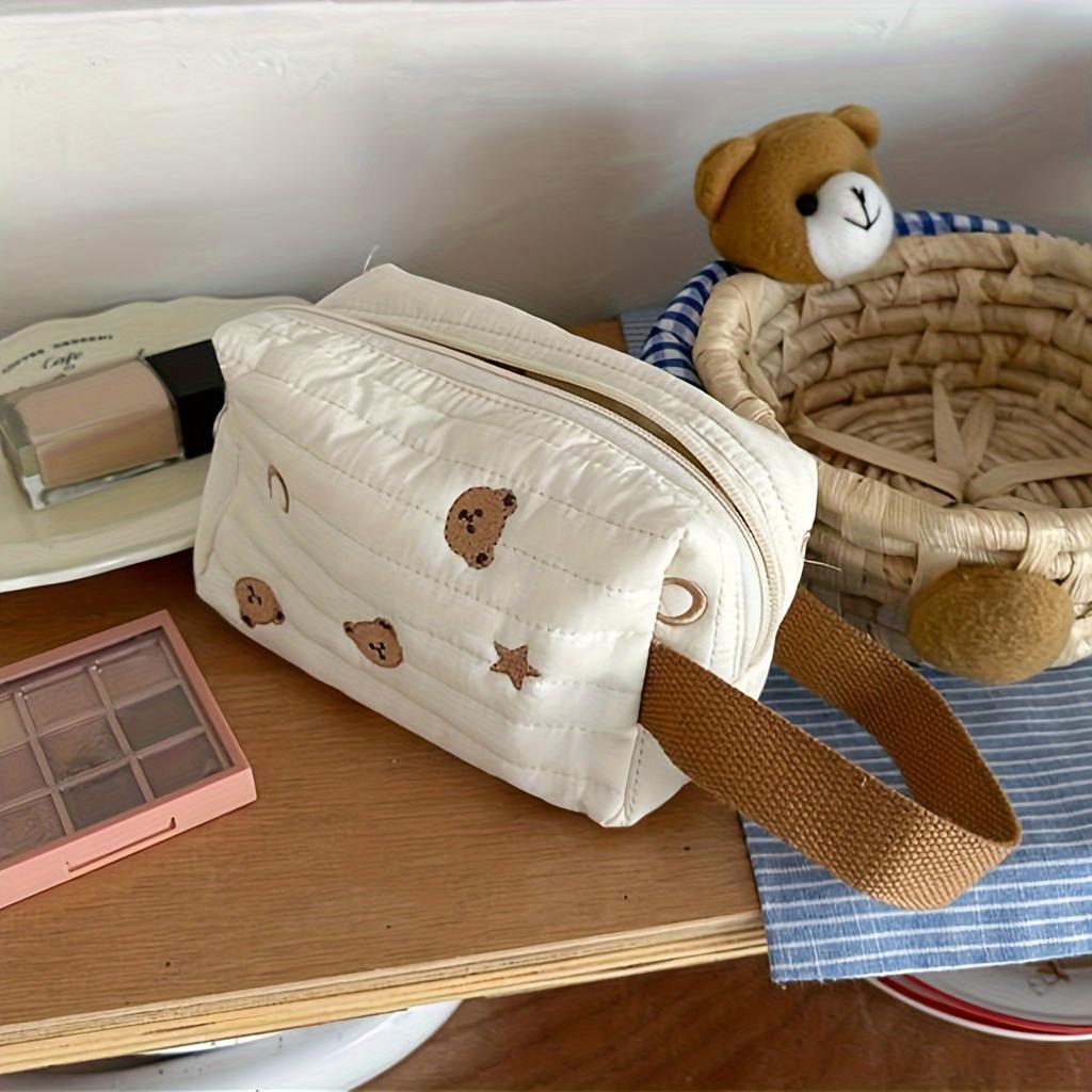 1pc Kawaii Makeup Bag Cosmetic Case Cute Bears Storage Organizer With Handle Aesthetic Zipper Toiletry Bag Beige