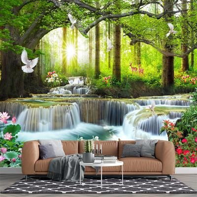 Alpine Waterfall 3d Wallpaper Pond Lotus Wall Mural For Living Room Bedroom Waterfall Mural Home Decor